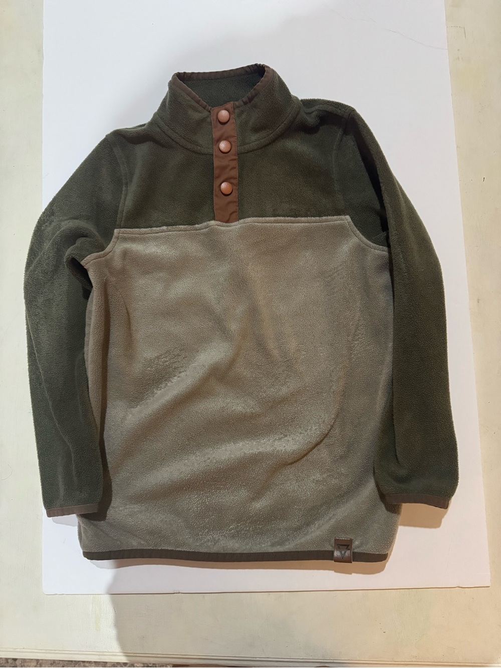 Kids Two-Tone Olive & Taupe Fleece Snap-Placket Pullover Hoodie